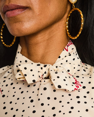 Valentino Cream Polka Dots Sleeveless Shirt With Bow Details High Neck and Red Valentino Motifs Size IT 38 (UK 6)