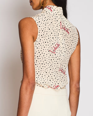 Valentino Cream Polka Dots Sleeveless Shirt With Bow Details High Neck and Red Valentino Motifs Size IT 38 (UK 6)