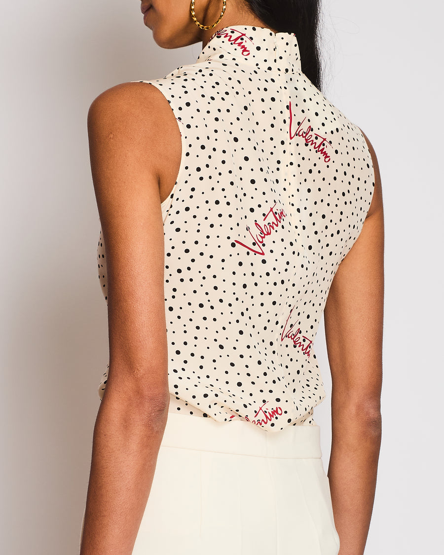 Valentino Cream Polka Dots Sleeveless Shirt With Bow Details High Neck and Red Valentino Motifs Size IT 38 (UK 6)