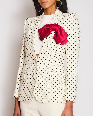 Valentino Cream Polka Dot Single Breast  Blazer With Pink Bow Detail Size IT 36 (UK 4)