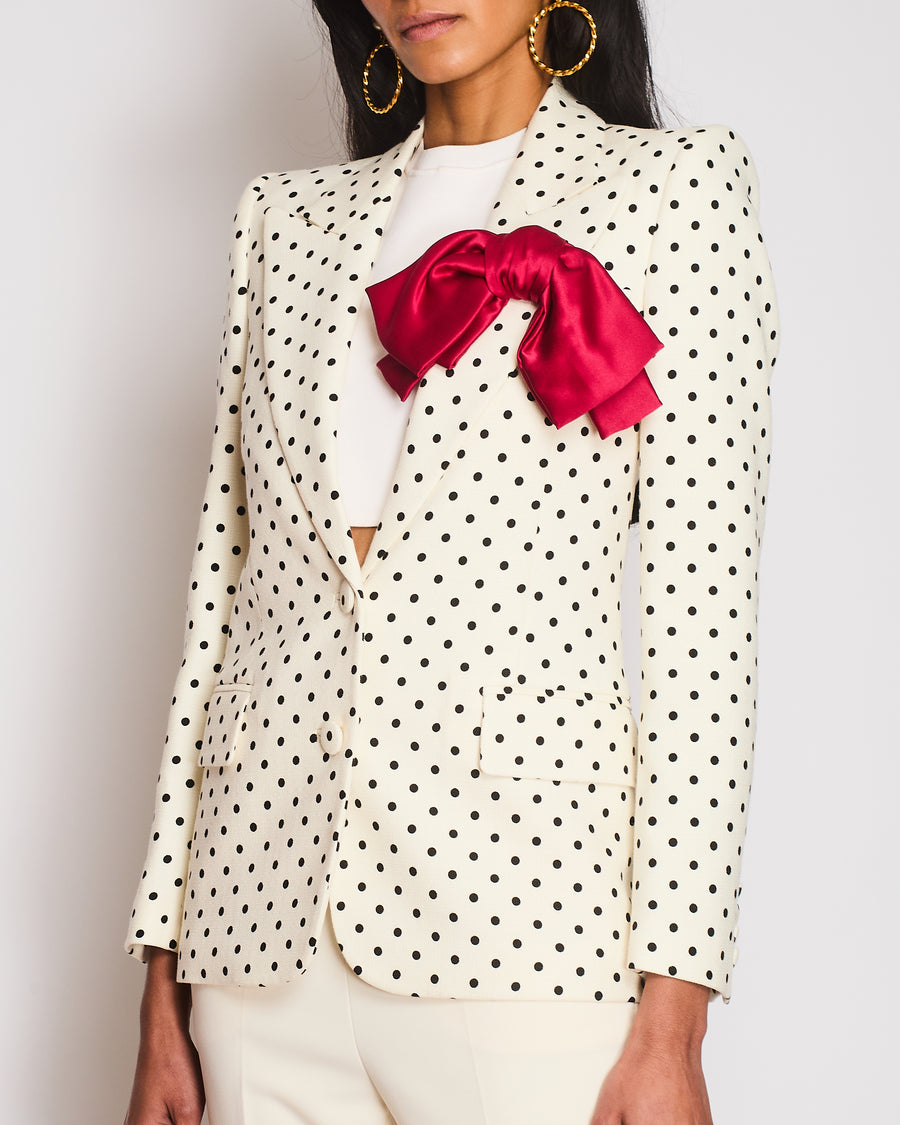 Valentino Cream Polka Dot Single Breast  Blazer With Pink Bow Detail Size IT 36 (UK 4)