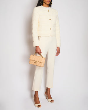 Moncler Cream Tweed Eliadi Padded Jacket with Gold Logo Buttons and Shoulder Logo Patch Detail Size 1 (UK 10) RRP £1,650