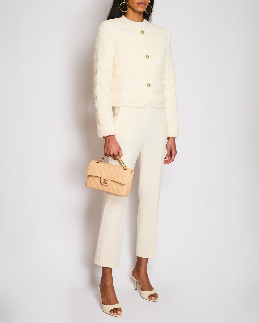 Moncler Cream Tweed Eliadi Padded Jacket with Gold Logo Buttons and Shoulder Logo Patch Detail Size 1 (UK 10) RRP £1,650