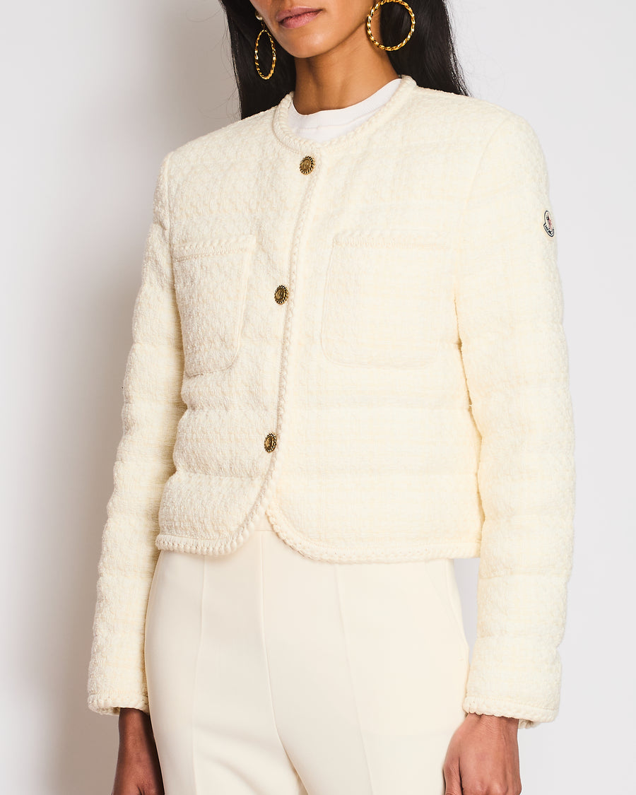 Moncler Cream Tweed Eliadi Padded Jacket with Gold Logo Buttons and Shoulder Logo Patch Detail Size 1 (UK 10) RRP £1,650