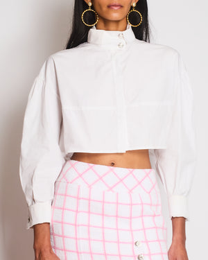 Chanel White Cropped Shirt With CC Button Details Size FR 36 (UK 8)
