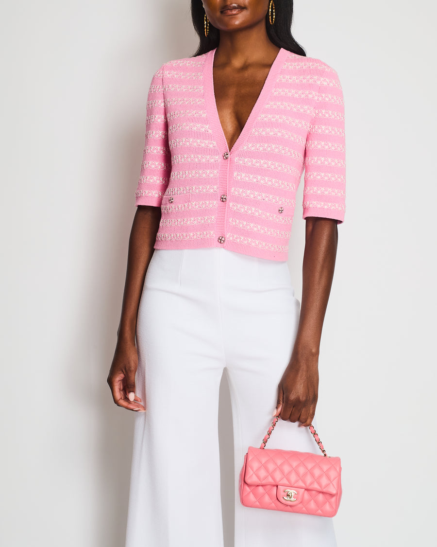 Chanel Pink Short Sleeve Knitted Cardigan with CC Button Detail Size FR 40 (UK 12)