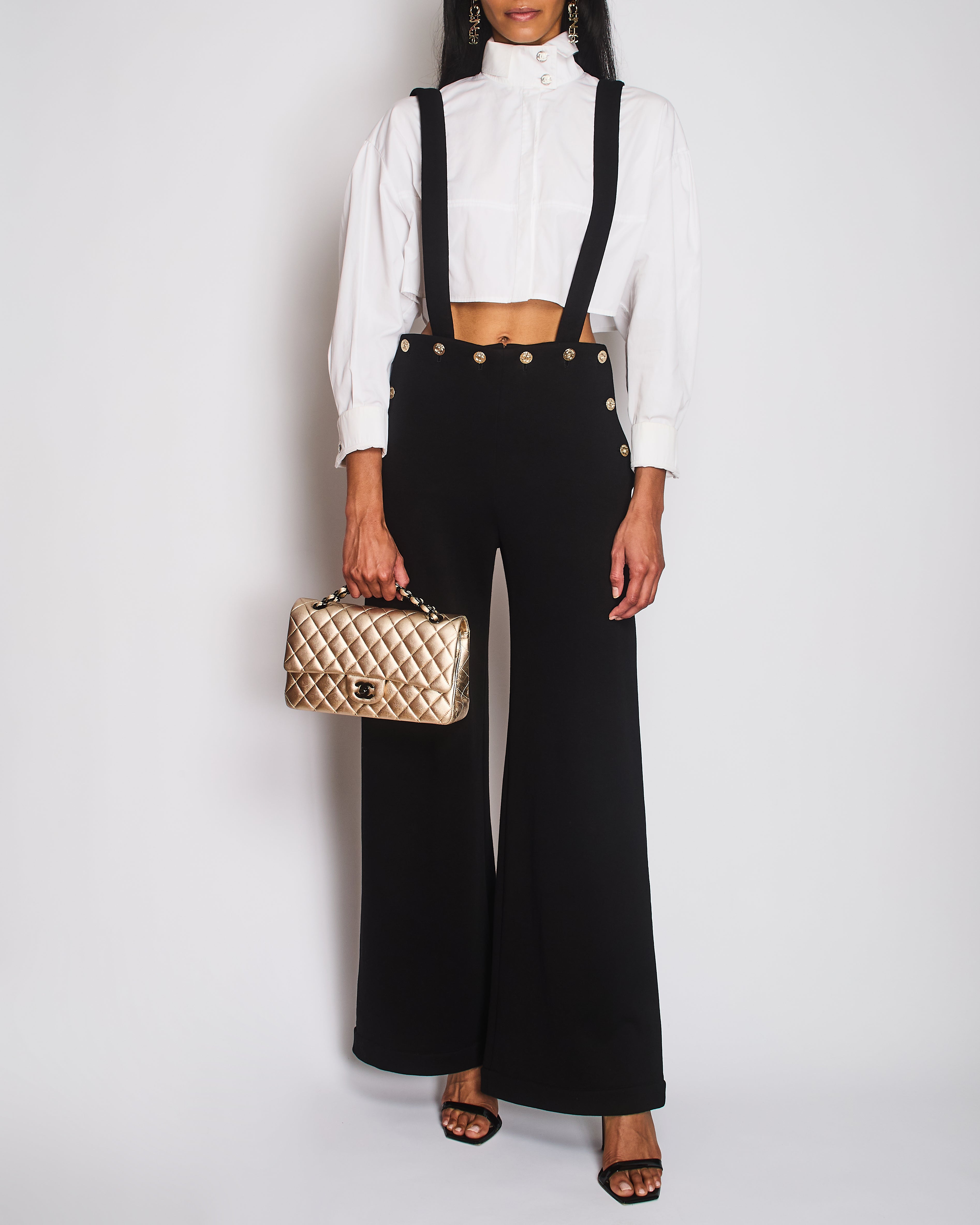 Chanel Black Wide-Leg Trousers with Cross Strap and CC Button
