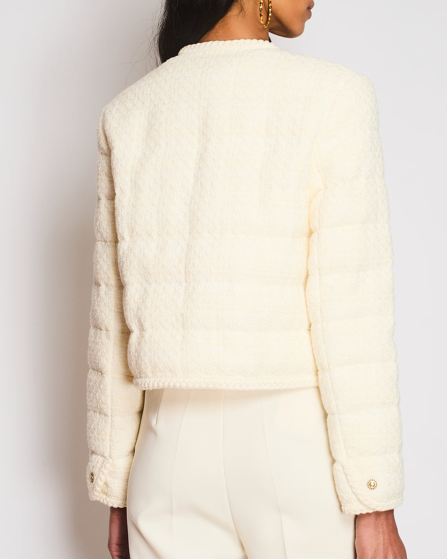 Moncler Cream Tweed Eliadi Padded Jacket with Gold Logo Buttons and Shoulder Logo Patch Detail Size 1 (UK 10) RRP £1,650