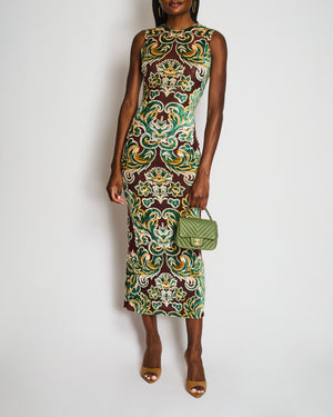 Etro Brown Mesh Sleeveless Maxi Dress with Green Velvet Leaf Prints Size IT 40 (UK 8) RRP £1,650