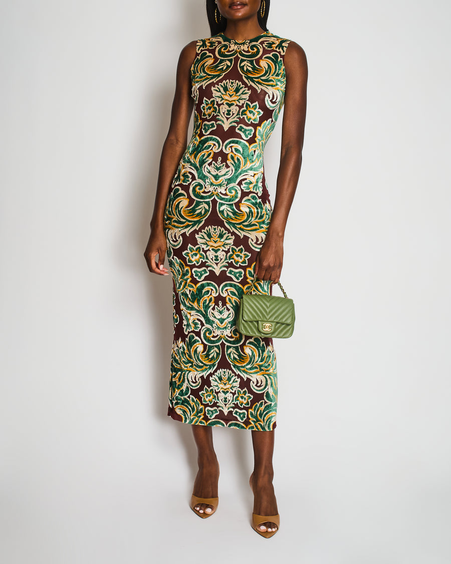 Etro Brown Mesh Sleeveless Maxi Dress with Green Velvet Leaf Prints Size IT 40 (UK 8) RRP £1,650