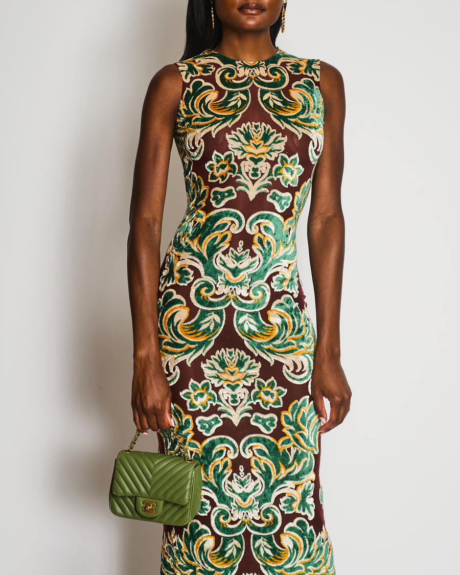 Etro Brown Mesh Sleeveless Maxi Dress with Green Velvet Leaf Prints Size IT 40 (UK 8) RRP £1,650