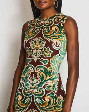 Etro Brown Mesh Sleeveless Maxi Dress with Green Velvet Leaf Prints Size IT 40 (UK 8) RRP £1,650