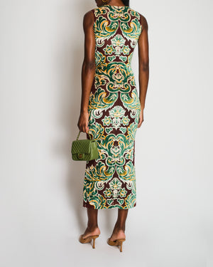 Etro Brown Mesh Sleeveless Maxi Dress with Green Velvet Leaf Prints Size IT 40 (UK 8) RRP £1,650