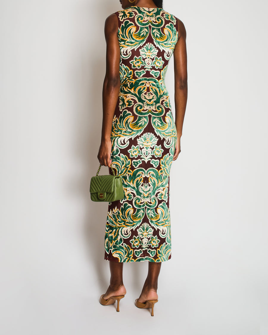 Etro Brown Mesh Sleeveless Maxi Dress with Green Velvet Leaf Prints Size IT 40 (UK 8) RRP £1,650
