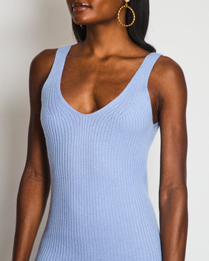 Arch4 Light Blue Cashmere and Silk Blend Knitted Sleeveless Maxi Dress with Side Slit Detail Size S (UK 8)