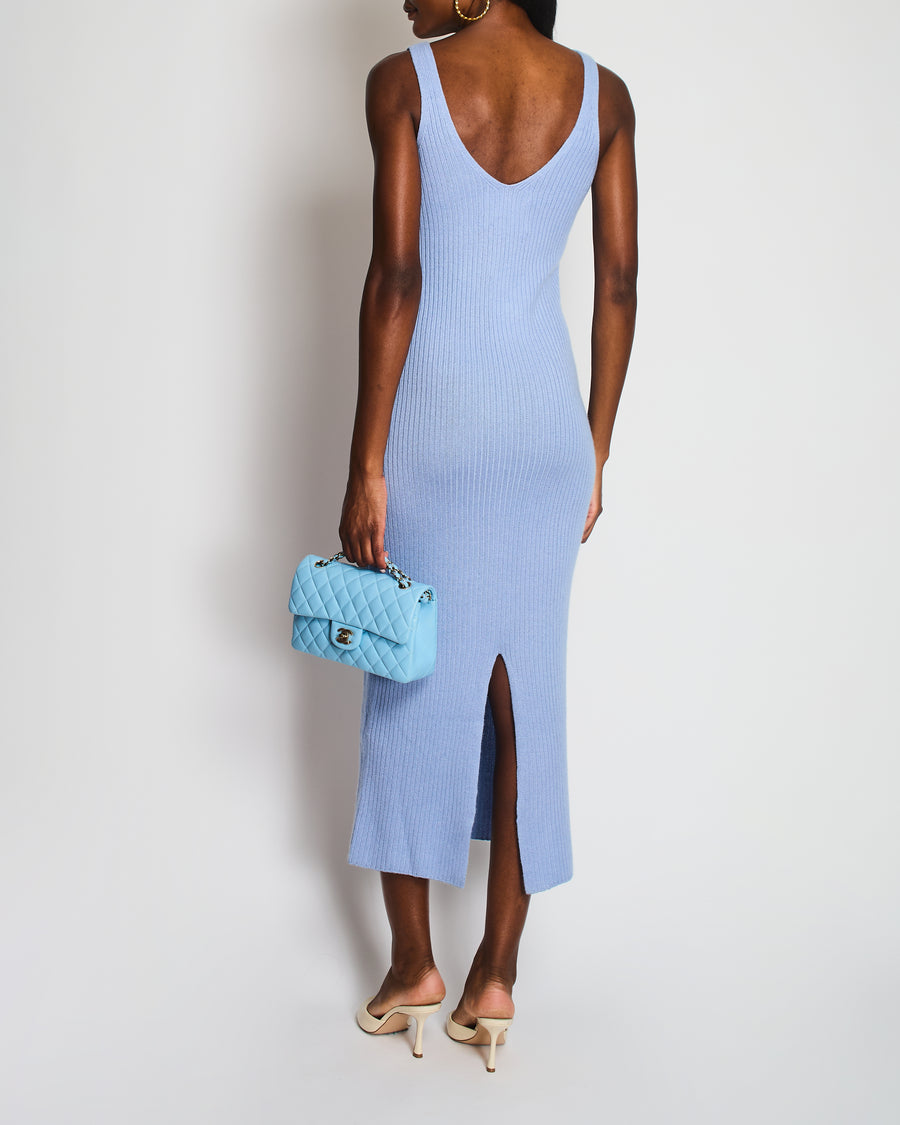 Arch4 Light Blue Cashmere and Silk Blend Knitted Sleeveless Maxi Dress with Side Slit Detail Size S (UK 8)
