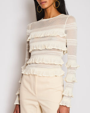 Zimmermann White Knit Ruffle Long-Sleeved Wonderland Top Size 0 (UK 8)