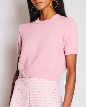Miu Miu Pink Cashmere Knit Short-Sleeved Jumper with Crystal Button Detail Size IT 38 (UK 6)