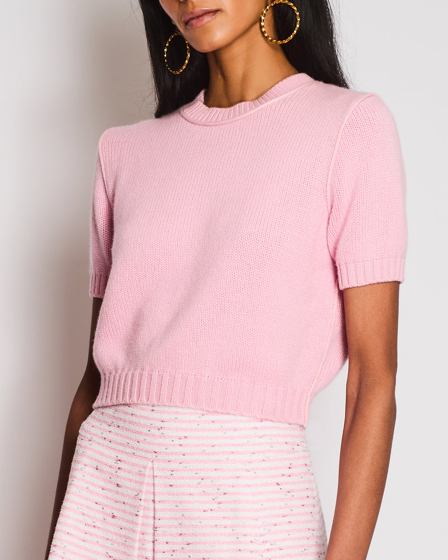 Miu Miu Pink Cashmere Knit Short-Sleeved Jumper with Crystal Button Detail Size IT 38 (UK 6)