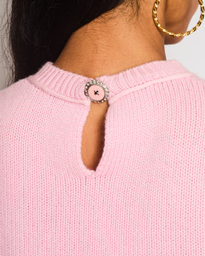 Miu Miu Pink Cashmere Knit Short-Sleeved Jumper with Crystal Button Detail Size IT 38 (UK 6)