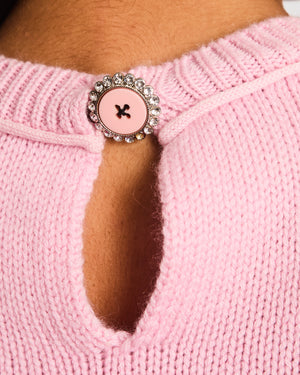 Miu Miu Pink Cashmere Knit Short-Sleeved Jumper with Crystal Button Detail Size IT 38 (UK 6)