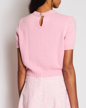 Miu Miu Pink Cashmere Knit Short-Sleeved Jumper with Crystal Button Detail Size IT 38 (UK 6)