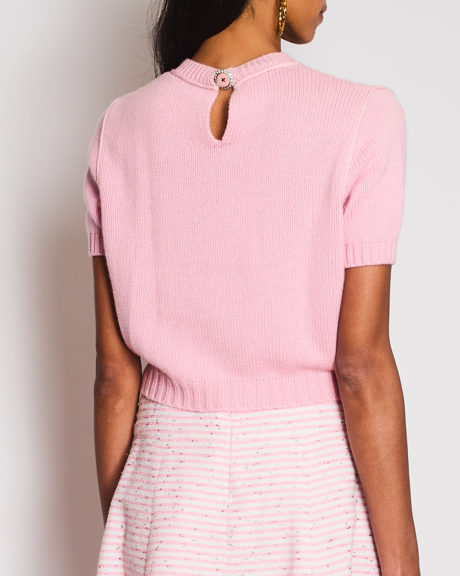 Miu Miu Pink Cashmere Knit Short-Sleeved Jumper with Crystal Button Detail Size IT 38 (UK 6)