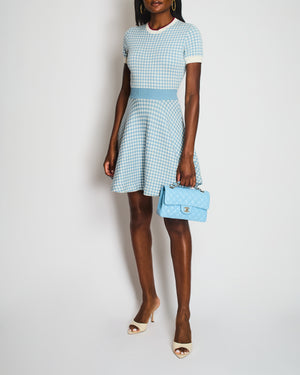 Miu Miu Blue and White Gingham Check Knit Short-Sleeved Mini dress with Red Trim Detail Size IT 38 (UK 6)