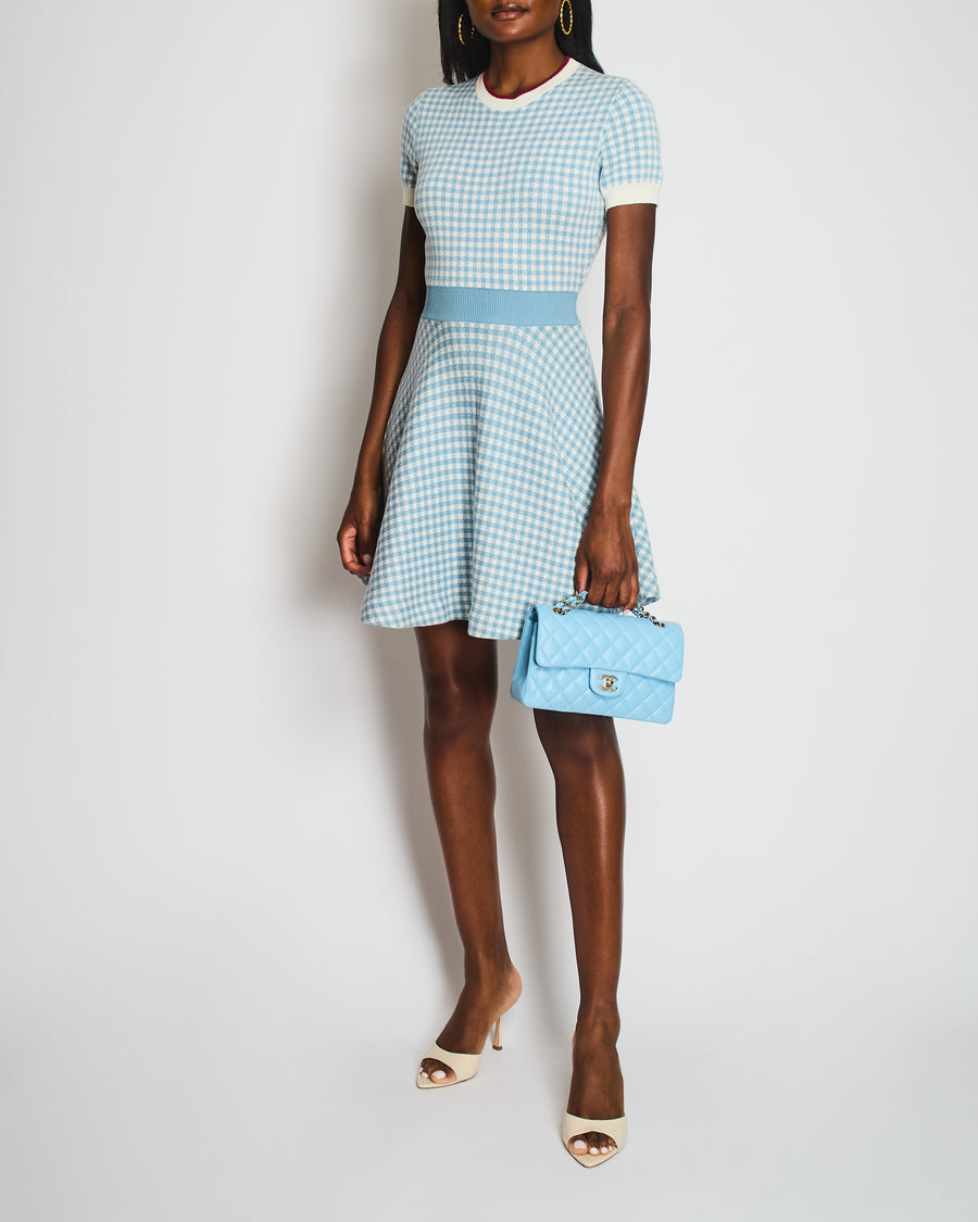 Miu Miu Blue and White Gingham Check Knit Short-Sleeved Mini dress with Red Trim Detail Size IT 38 (UK 6)