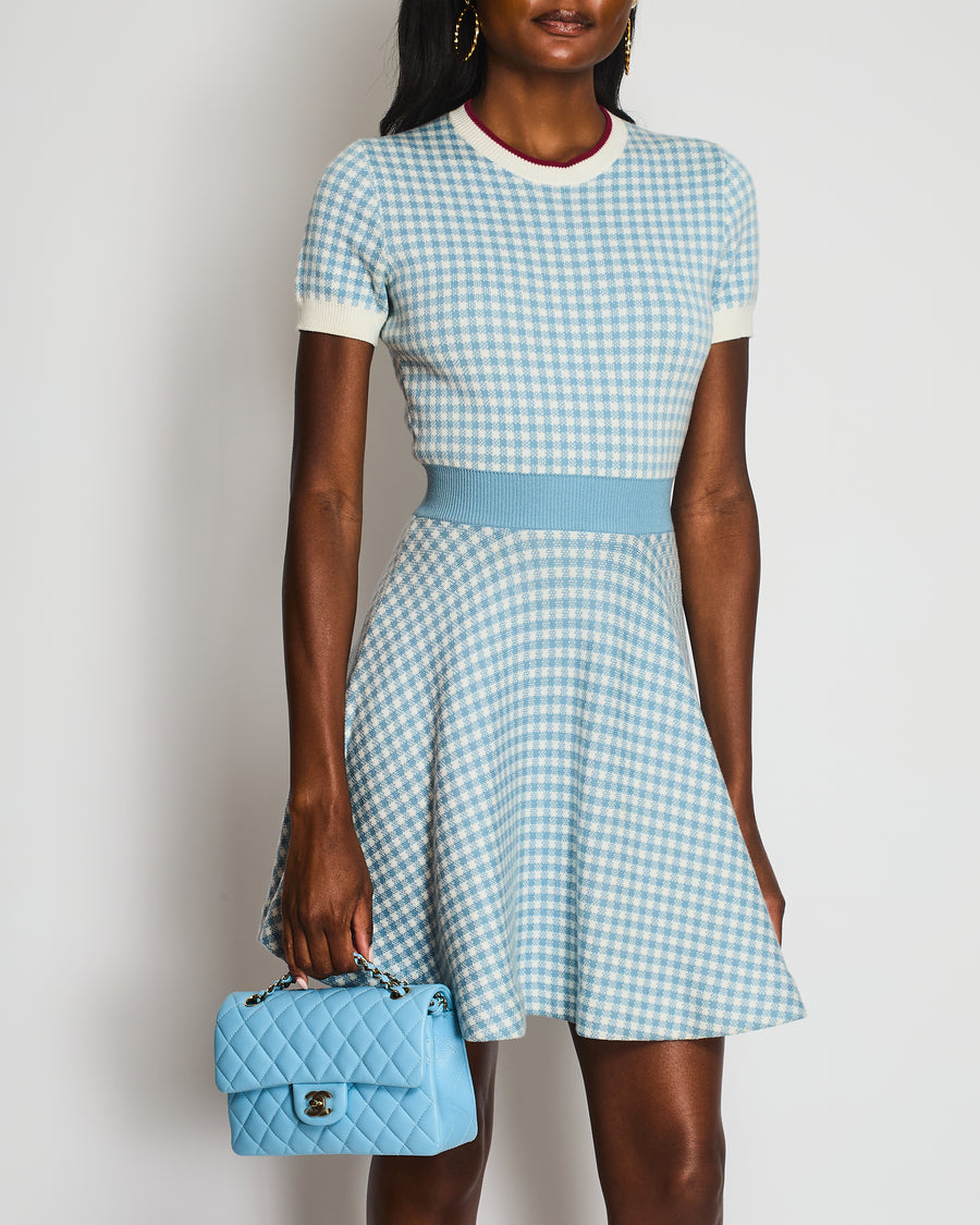 Miu Miu Blue and White Gingham Check Knit Short-Sleeved Mini dress wit Sellier Miu Miu Blue and White Gingham Check Knit Short-Sleeved Mini dress wit Sellier