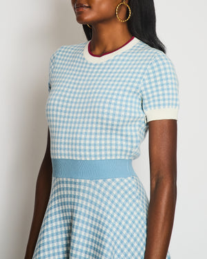 Miu Miu Blue and White Gingham Check Knit Short-Sleeved Mini dress with Red Trim Detail Size IT 38 (UK 6)