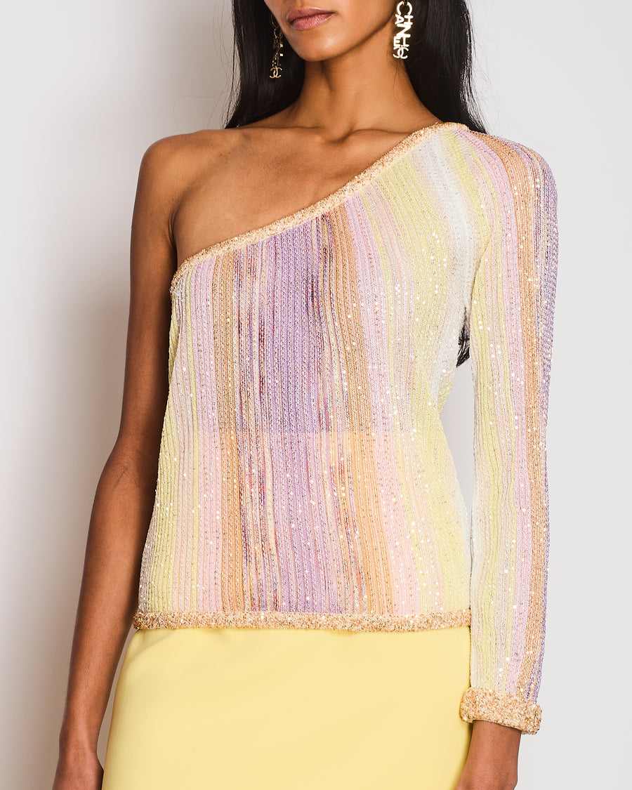 Missoni Lilac and Yellow Knit One-Sleeve Top with Gold Sequin Embellishments Size IT 38 (UK 6)