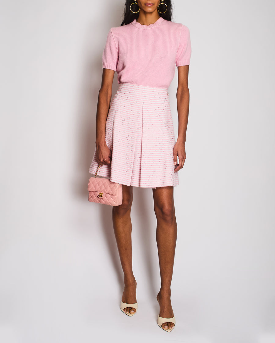 Chanel 24 Cruise Pink Striped Glitter Midi Skirt with Pleated Detail Size FR 38 (UK 10)