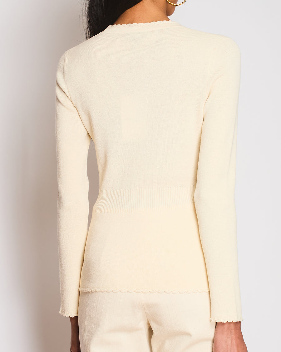 Chanel Ivory Ribbed Long Sleeve Cardigan with Scalloped Edge Detail Size FR 38 (UK 10)