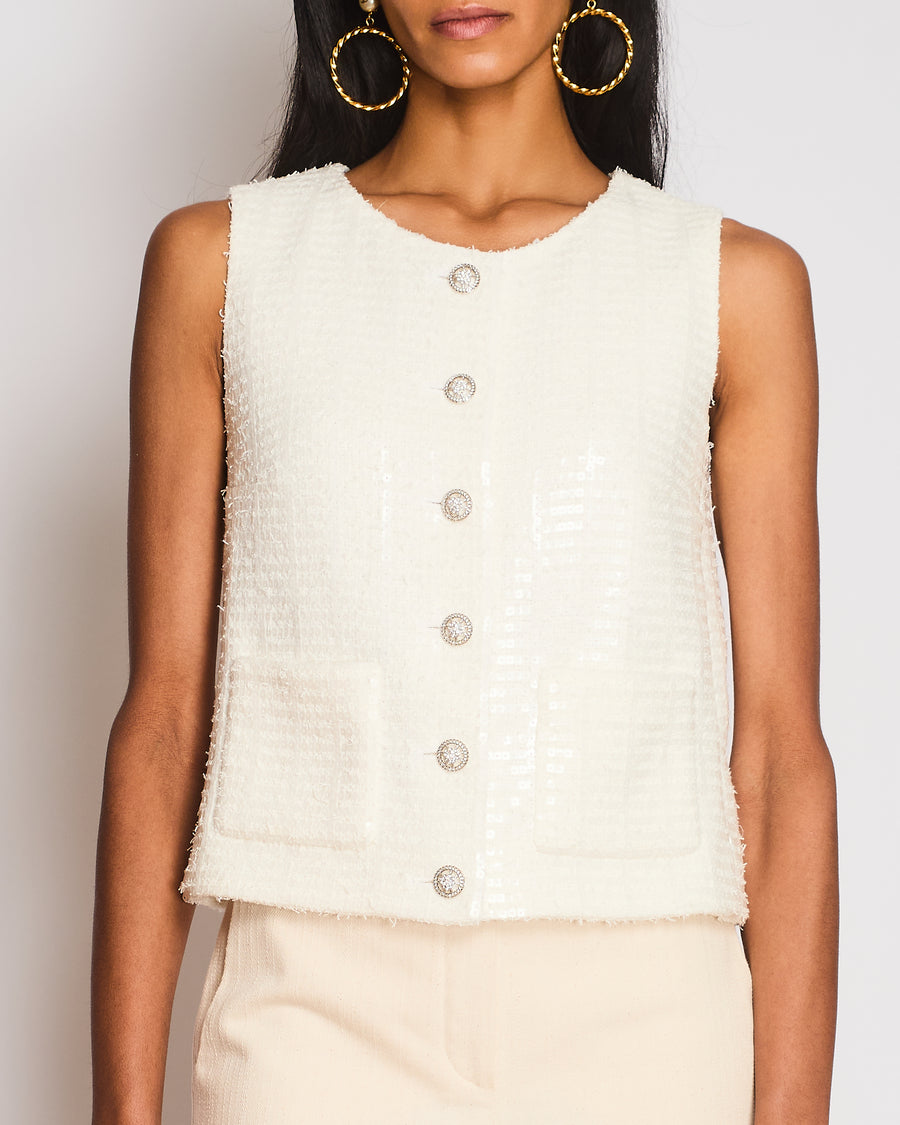 Chanel White Sequin Tweed Gilet with Pocket Detail Size FR 36 (UK 8)