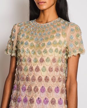 Valentino Beige Short Sleeve Ombre Embellished Mini Dress Size IT 40 (UK 8)