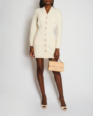 Chanel 21/B Beige Cashmere Cardigan Dress with Embellished Logo Button Detail Size FR 36 (UK 8)