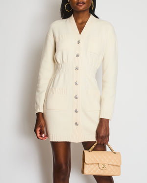 Chanel 21/B Beige Cashmere Cardigan Dress with Embellished Logo Button Detail Size FR 36 (UK 8)
