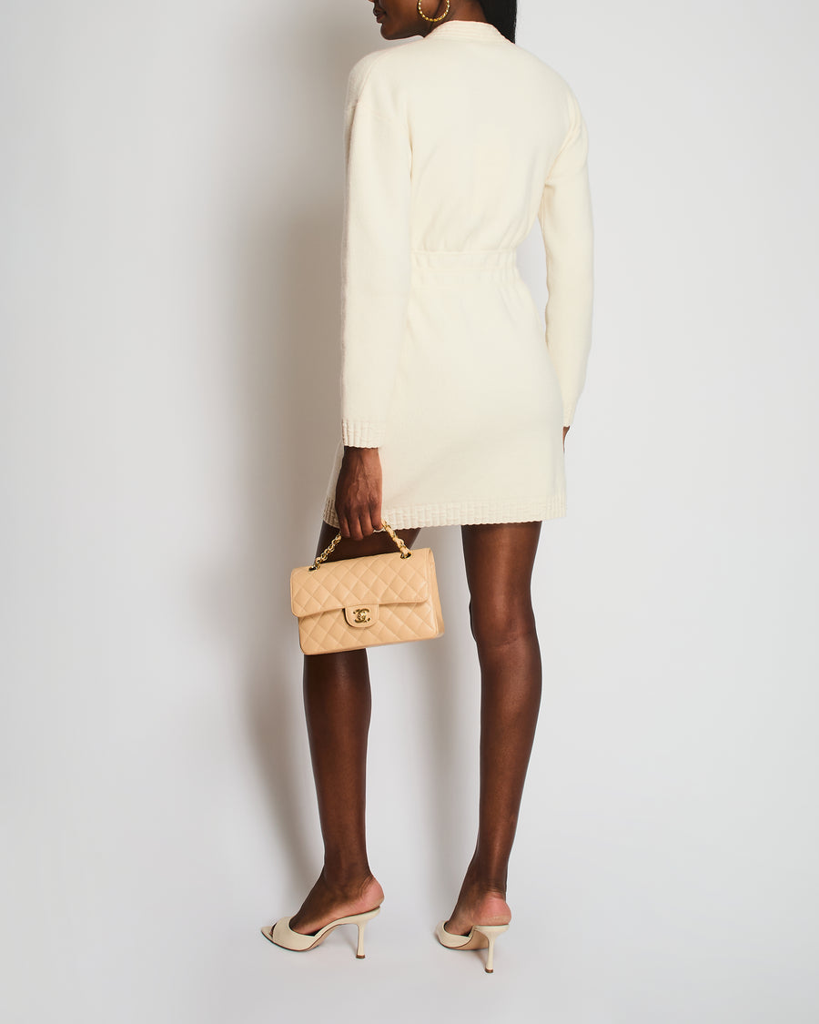 Chanel 21/B Beige Cashmere Cardigan Dress with Embellished Logo Button Detail Size FR 36 (UK 8)