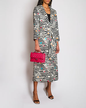 Chanel 24/SS Black And Cream Striped Silk Coat With Multicolour CC Round Logo and CC Button Details  Size FR 34 (UK 6)