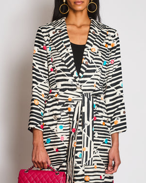 Chanel 24/SS Black And Cream Striped Silk Coat With Multicolour CC Round Logo and CC Button Details  Size FR 34 (UK 6)