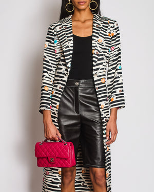 Chanel 24/SS Black And Cream Striped Silk Coat With Multicolour CC Round Logo and CC Button Details  Size FR 34 (UK 6)