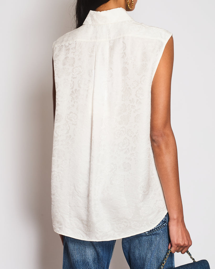 Chanel White Sleeveless Button Down Floral Blouse Size FR 34 (UK 6)