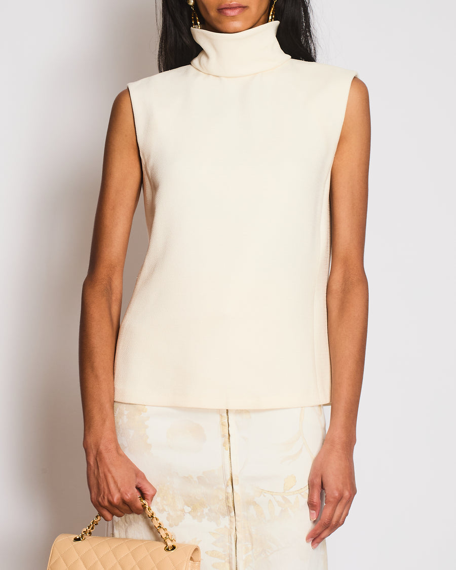 Chanel 22/C Ivory Sleeveless Blouse with Collar Turnover Detail Size FR 38 (UK 10)