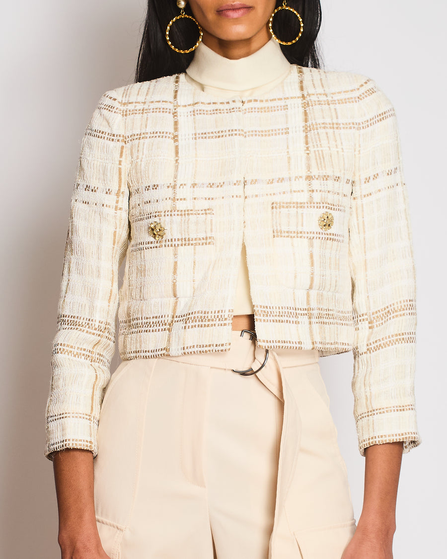 Chanel Beige Tweed Collarless Cropped Jacket with CC Button Detail Size FR 36 (UK 8)