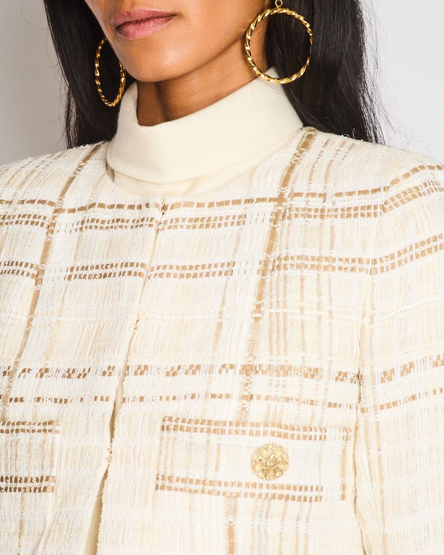 Chanel Beige Tweed Collarless Cropped Jacket with CC Button Detail Size FR 36 (UK 8)