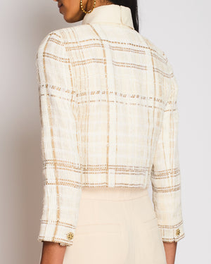Chanel Beige Tweed Collarless Cropped Jacket with CC Button Detail Size FR 36 (UK 8)
