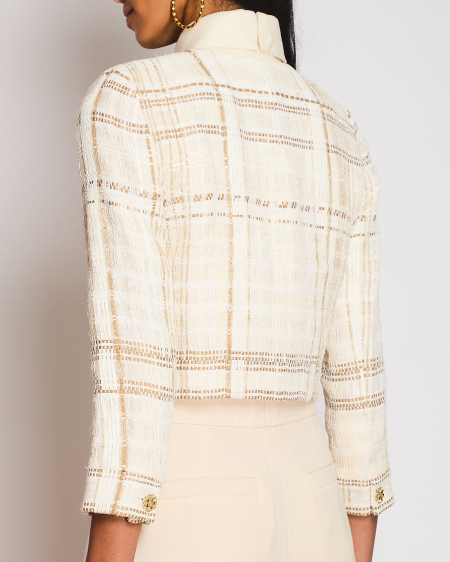 Chanel Beige Tweed Collarless Cropped Jacket with CC Button Detail Size FR 36 (UK 8)