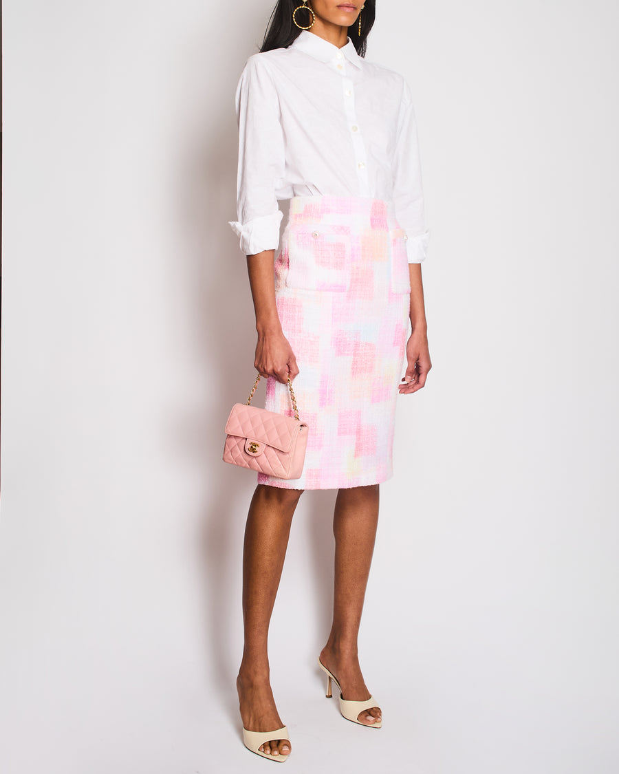 Chanel 23/SS Pink Checkered Midi Skirt with CC Logo Button and Pocket Detail Size FR 36 (UK 8)