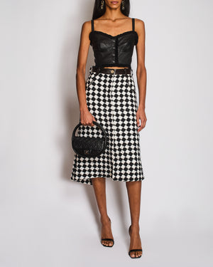 Chanel Black and White Checkered Asymmetric Midi Skirt With Sequins and Leather Details Size FR 36 (UK 8)